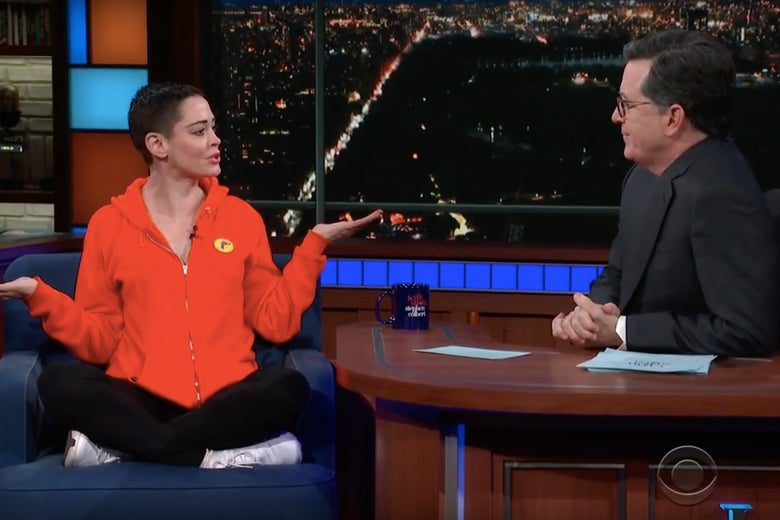 Rose McGowan on The Late Show with Stephen Colbert.